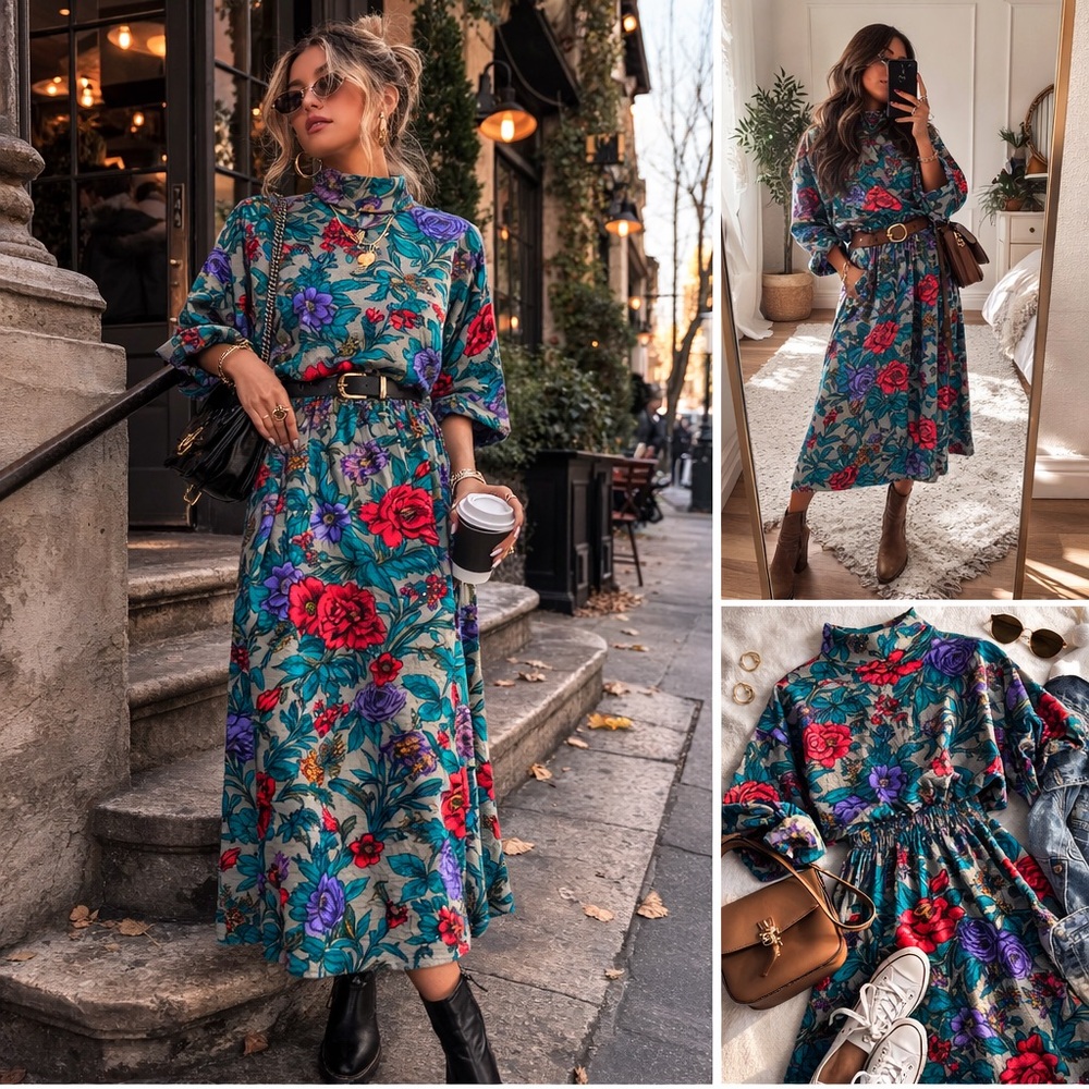 Vintage 90s SYNARI Floral Matching Set Maxi Skirt & Mock Neck Top Made USA